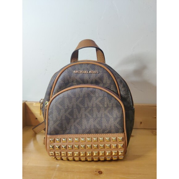 Michael Kors Rhea Mini Backpack Purse Brown Gold Square Studs Read! - Picture 1 of 15
